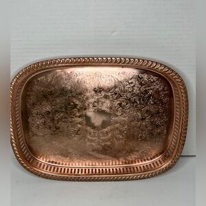 Vintage Copper Serving Tray w/ filigree cut outs & etched floral design